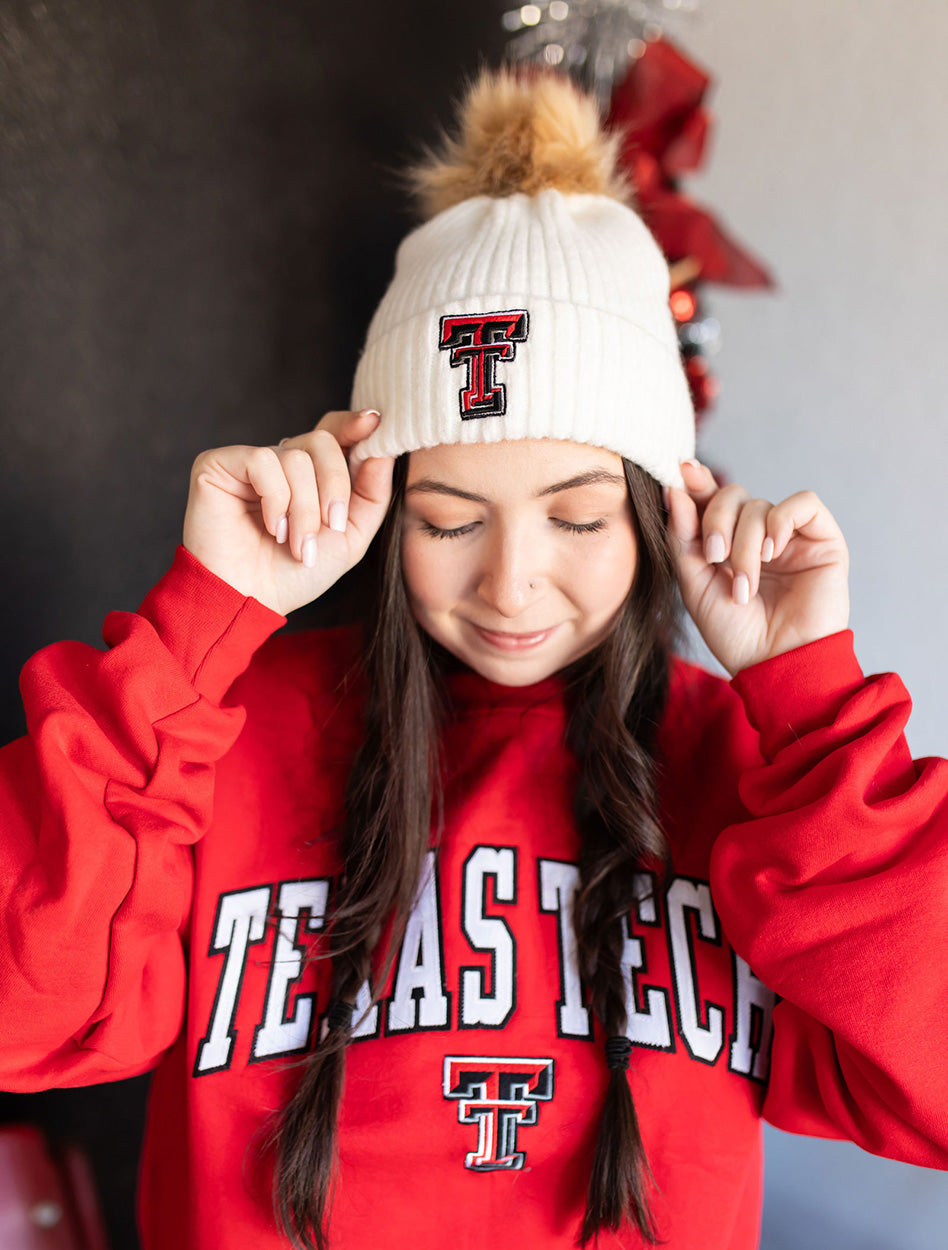Texas Tech "Solid Double T" Cable Knit Fur Pom Beanie