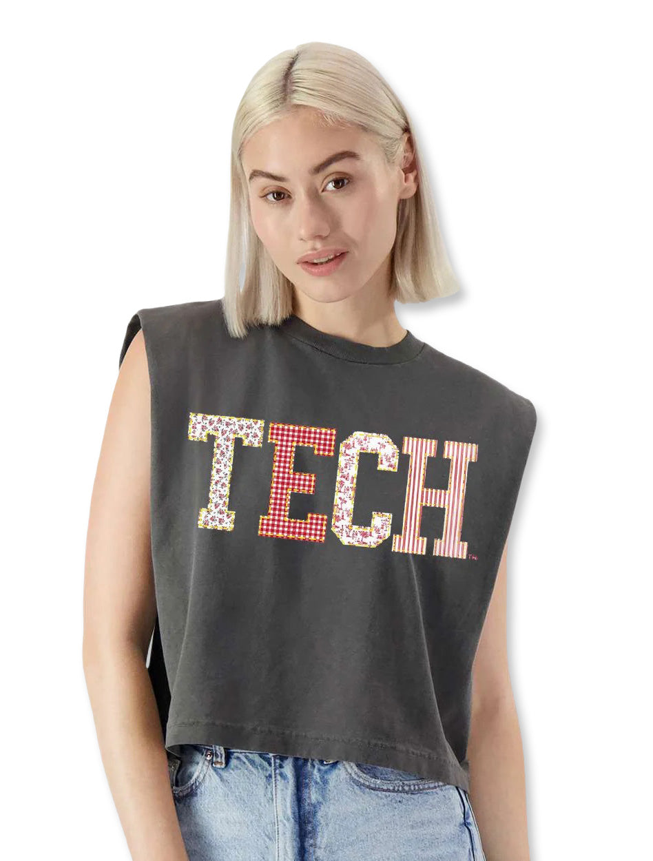 Texas Tech women’s puff ink tee, cropped Texas Tech top, Red Raiders floral patch tee, sleeveless TECH shirt, puff print college apparel, Texas Tech game day fashion