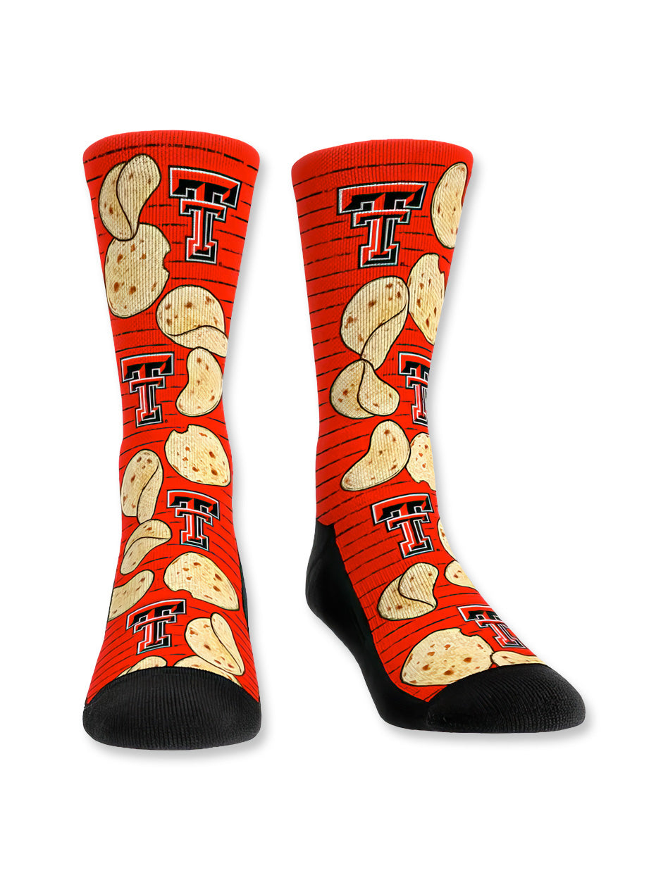 Texas Tech tortilla socks, Texas Tech tortilla toss socks, Texas Tech Double T socks, Red Raiders tortilla socks, Texas Tech novelty socks, Texas Tech fan socks, Texas Tech red crew socks, tortilla pattern socks, Texas Tech game day socks, Red Raiders spirit wear, Texas Tech tortilla throw apparel, Texas Tech sports socks, Texas Tech fan accessories, tortilla-themed socks, Texas Tech funny socks, Red Raiders tortilla merch, Texas Tech team color socks, Texas Tech men’s crew socks, Texas Tech women’s socks, 