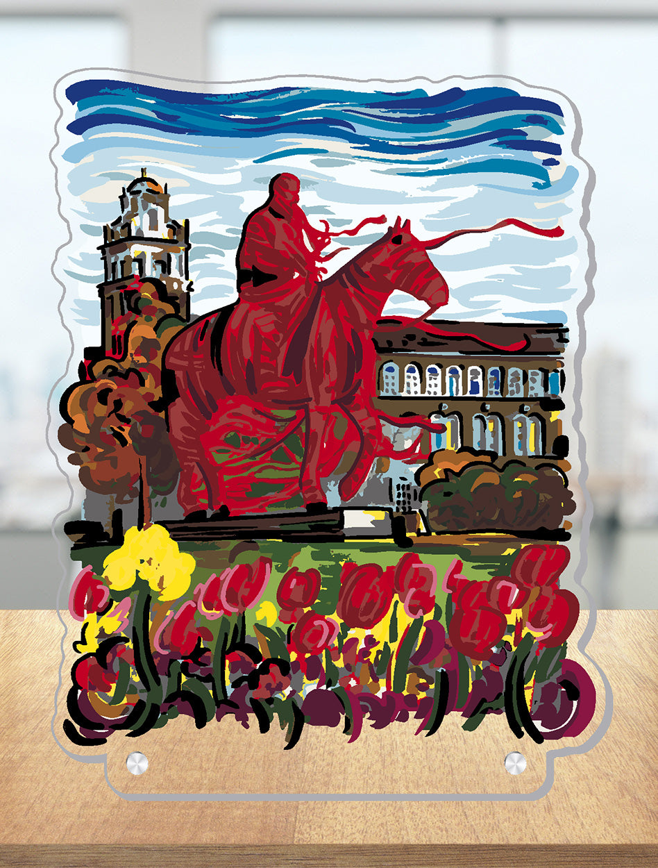 Texas Tech acrylic standee, TTU campus art display, Will Rogers and Soapsuds statue decor, Texas Tech desktop decoration, Red Raiders student gift, Texas Tech memorabilia, TTU collectible stand

