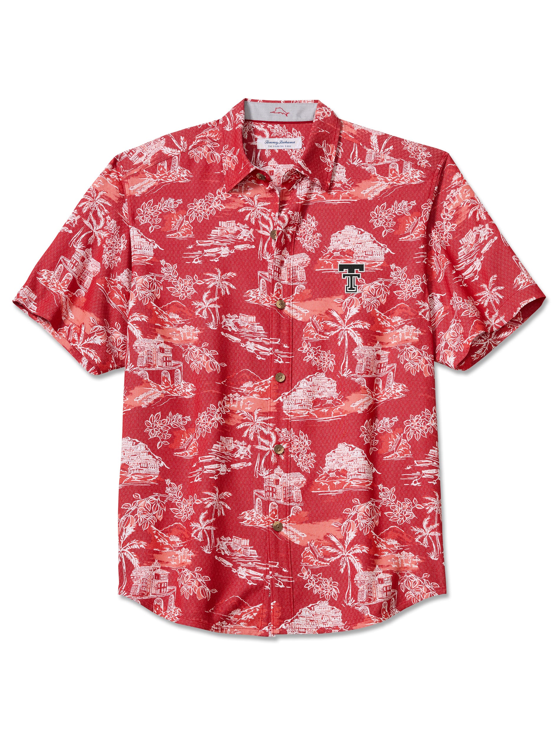 Red Tommy Bahama Texas Tech short sleeve button down with a white island print of palms, sailboats and thatched huts and an embroidered Double T at the left chest