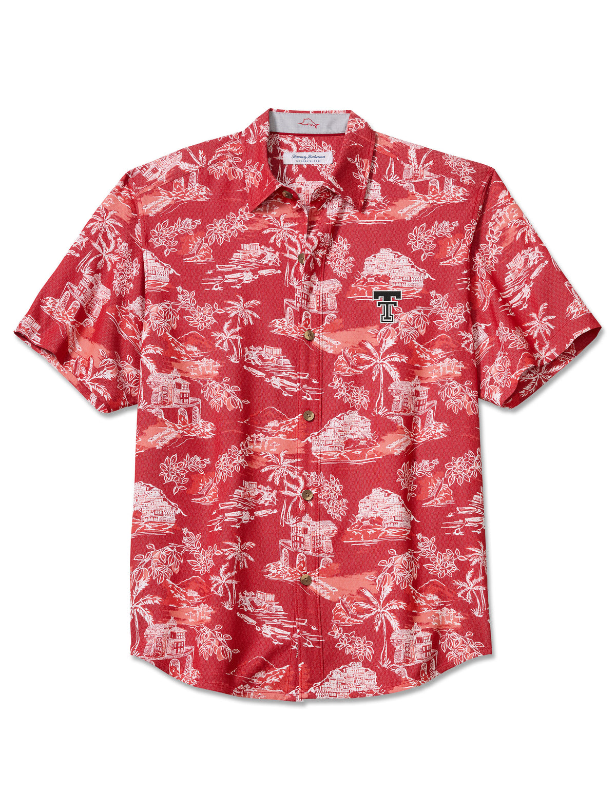 Red Tommy Bahama Texas Tech short sleeve button down with a white island print of palms, sailboats and thatched huts and an embroidered Double T at the left chest