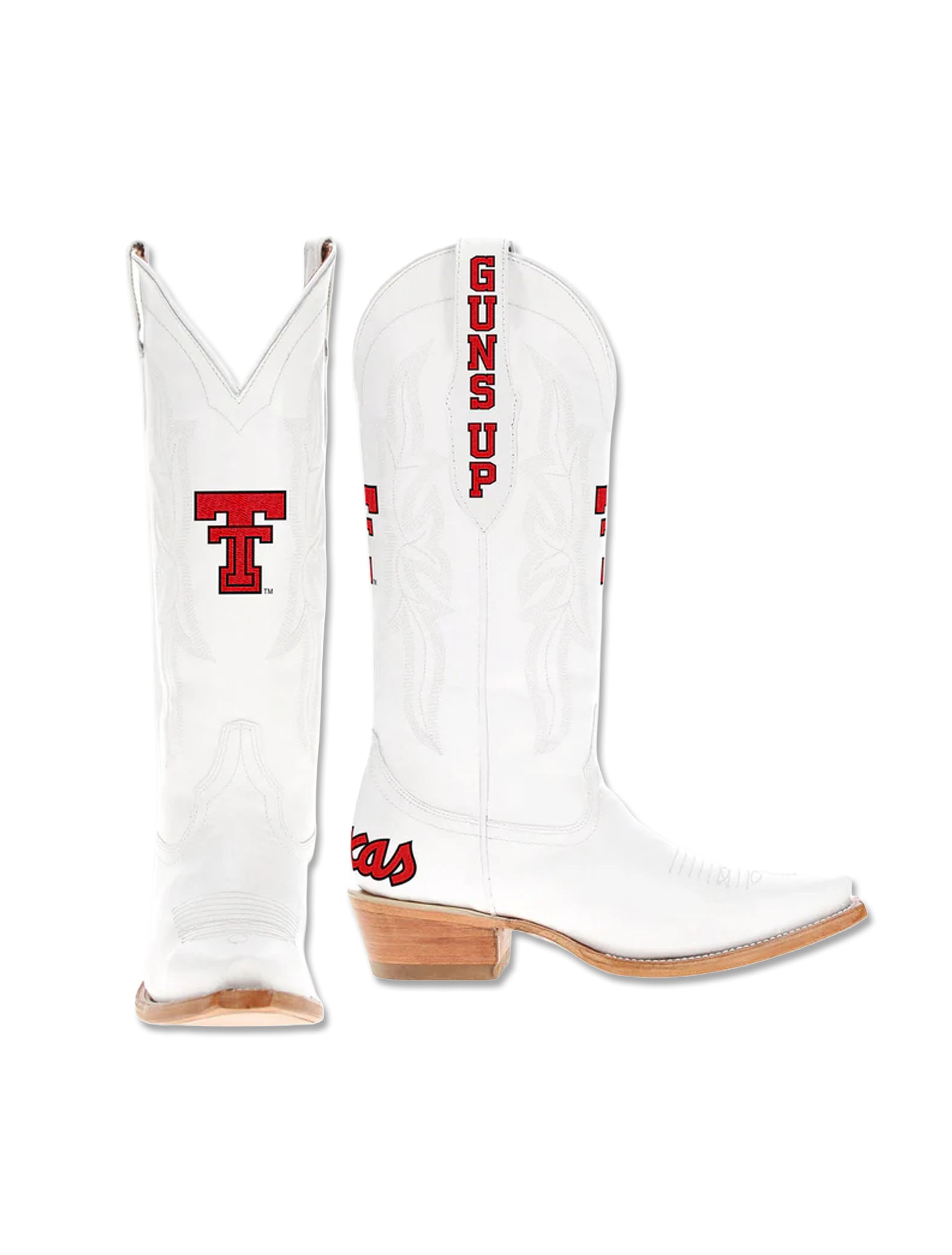 White leather western boot with a red Double T on the shaft, snip toe, and stacked leather heel