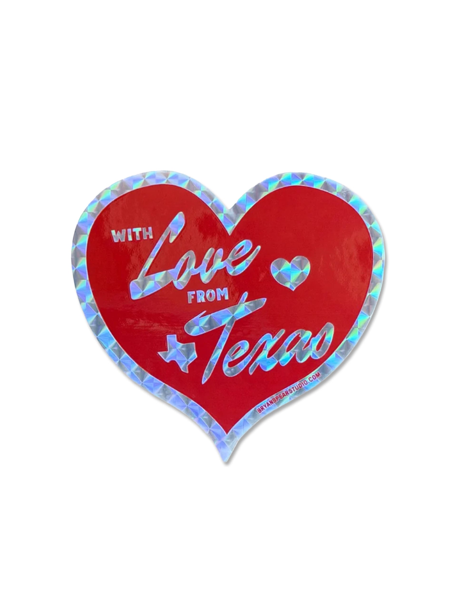 Holographic red heart vinyl sticker reading "With Love From Texas" in silver script with a small Texas outline