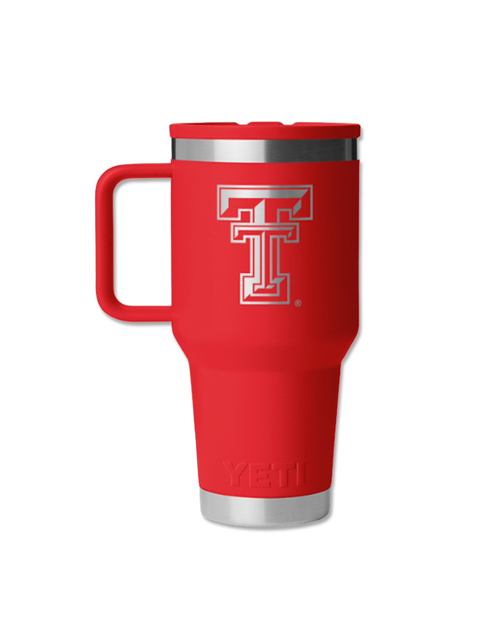 Red Yeti Texas Tech 30oz straw travel mug with a welded handle, the Double T laser etched in silver on the body and stainless bands at the top and base