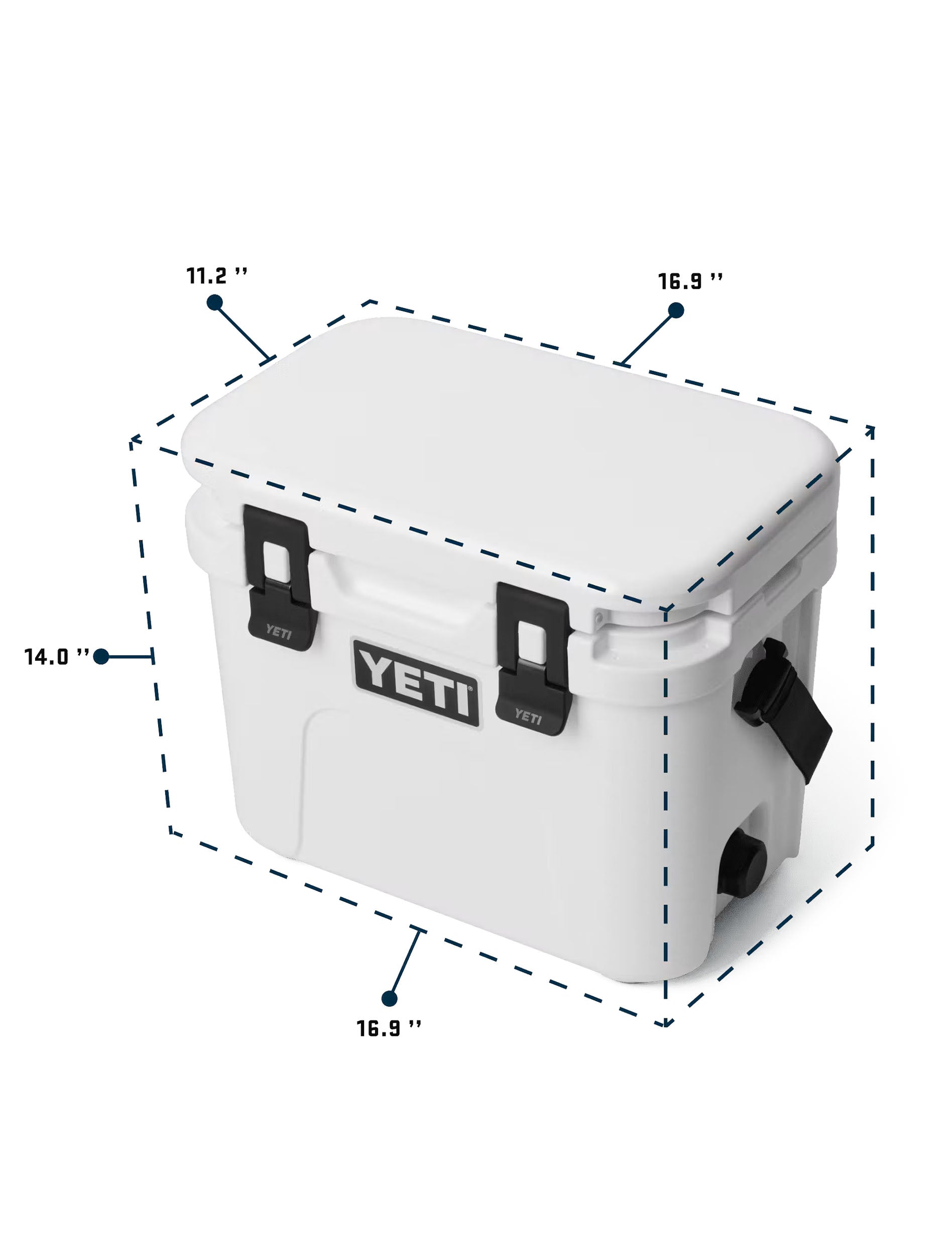 Yeti Roadie 15 exterior dimensions diagram with the lid closed