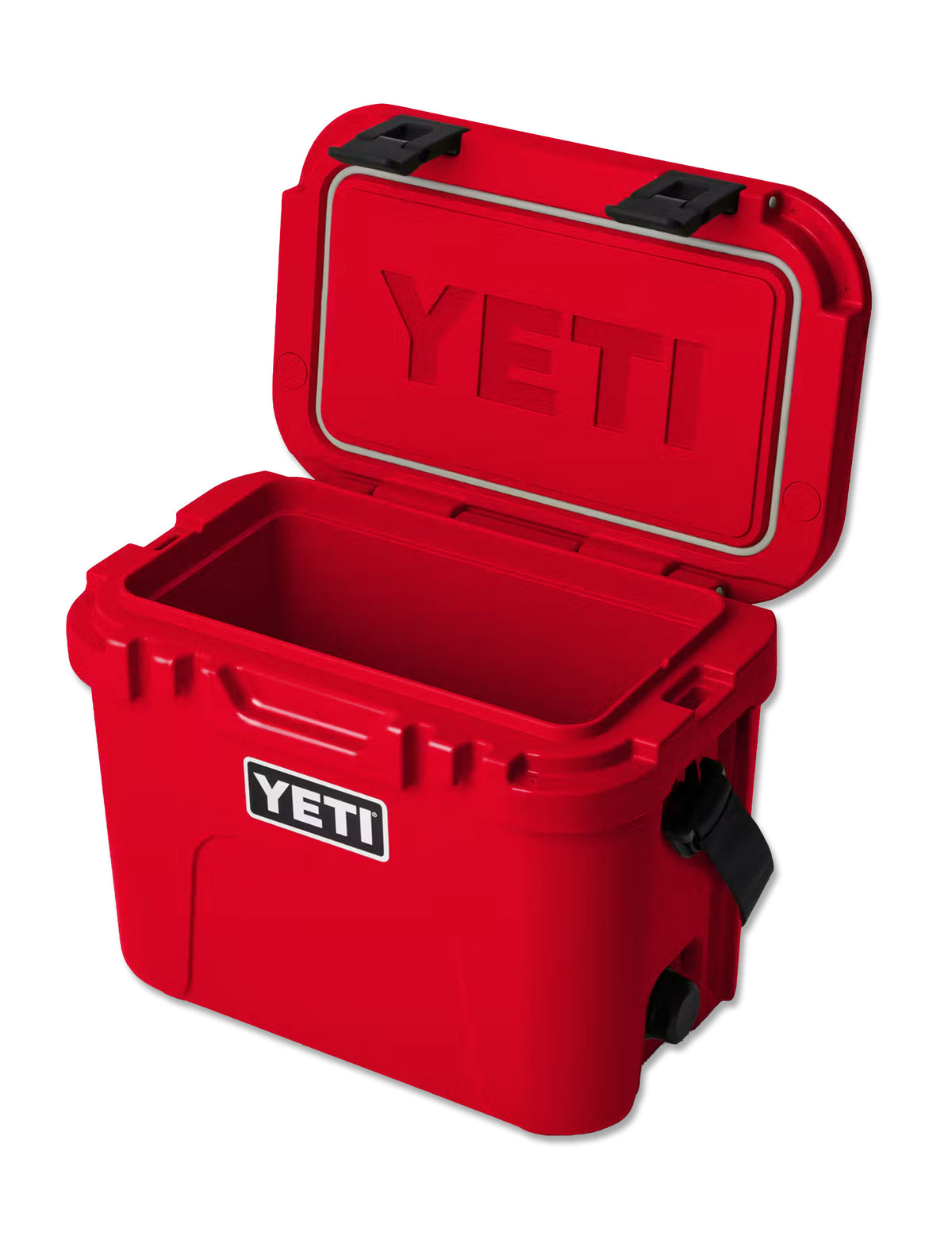 Red Yeti Roadie 15 cooler with the lid open, showing the insulated interior