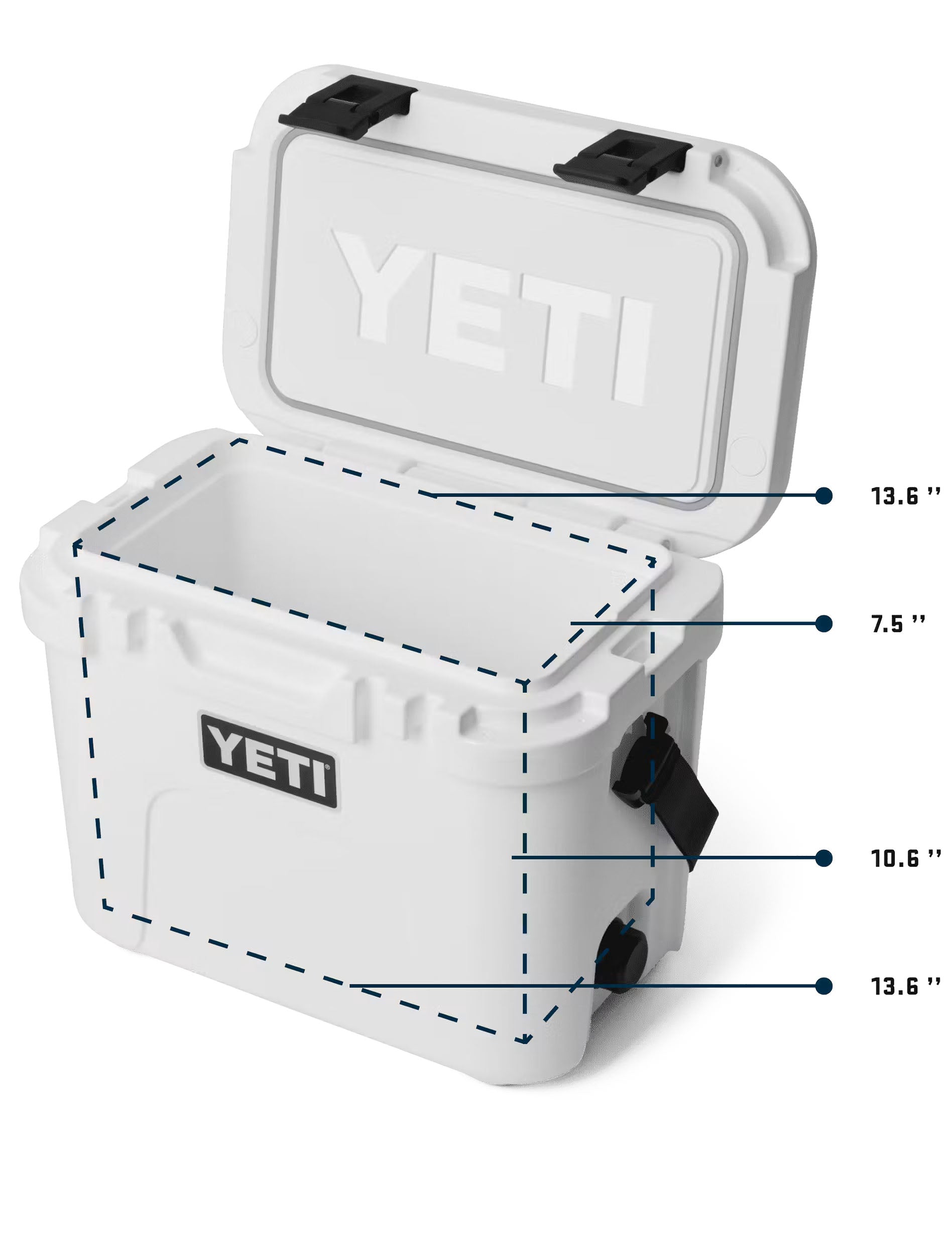 Yeti Roadie 15 interior dimensions diagram with the lid open