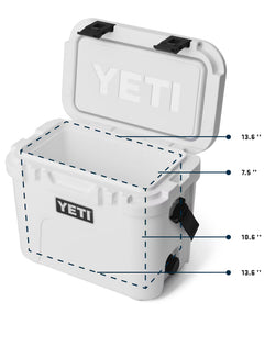 Yeti Roadie 15 interior dimensions diagram with the lid open