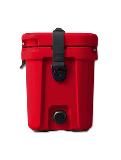 Side view of the red Yeti Roadie 15 cooler with its handle and drain plug