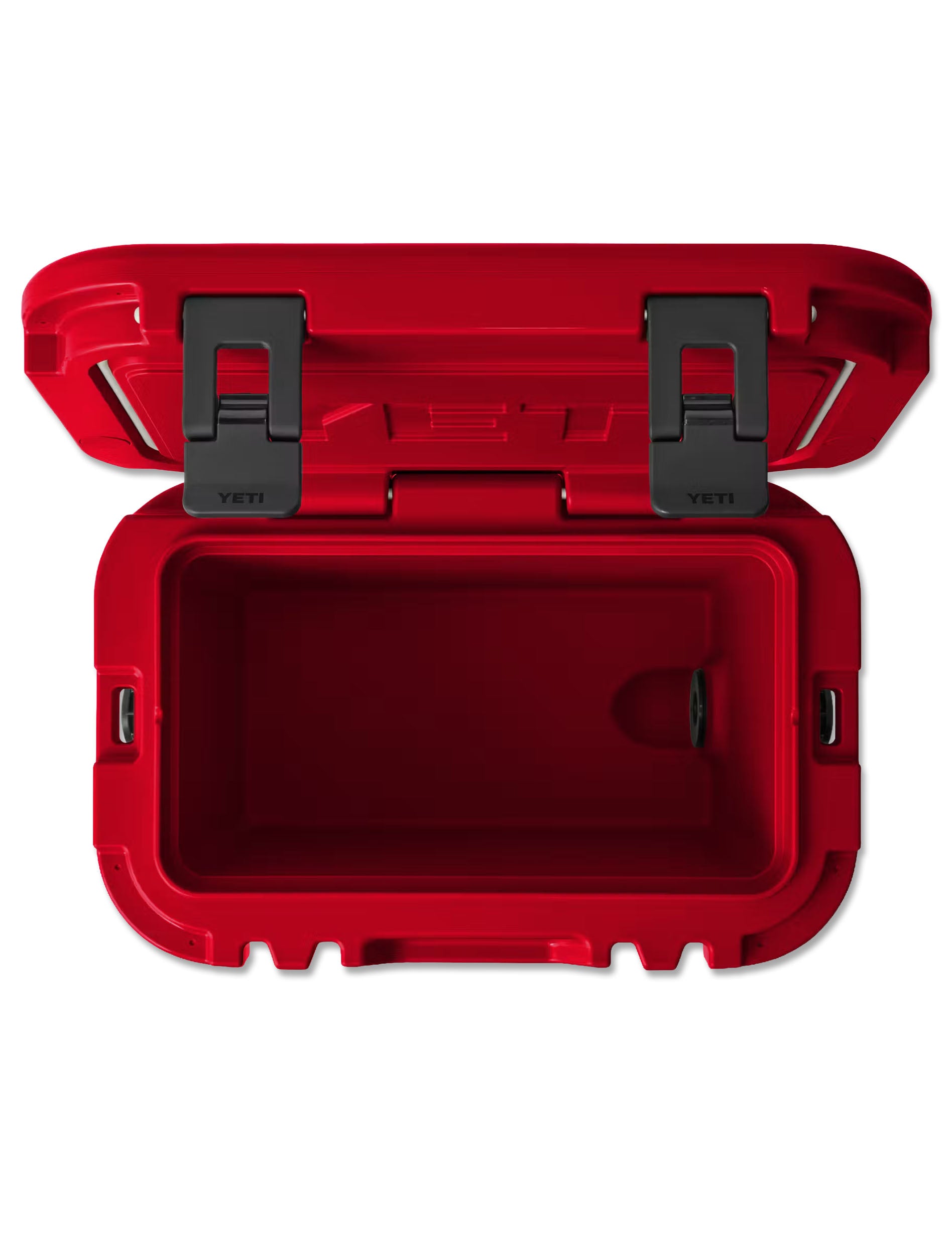 Top-down view into the open red Yeti Roadie 15 cooler