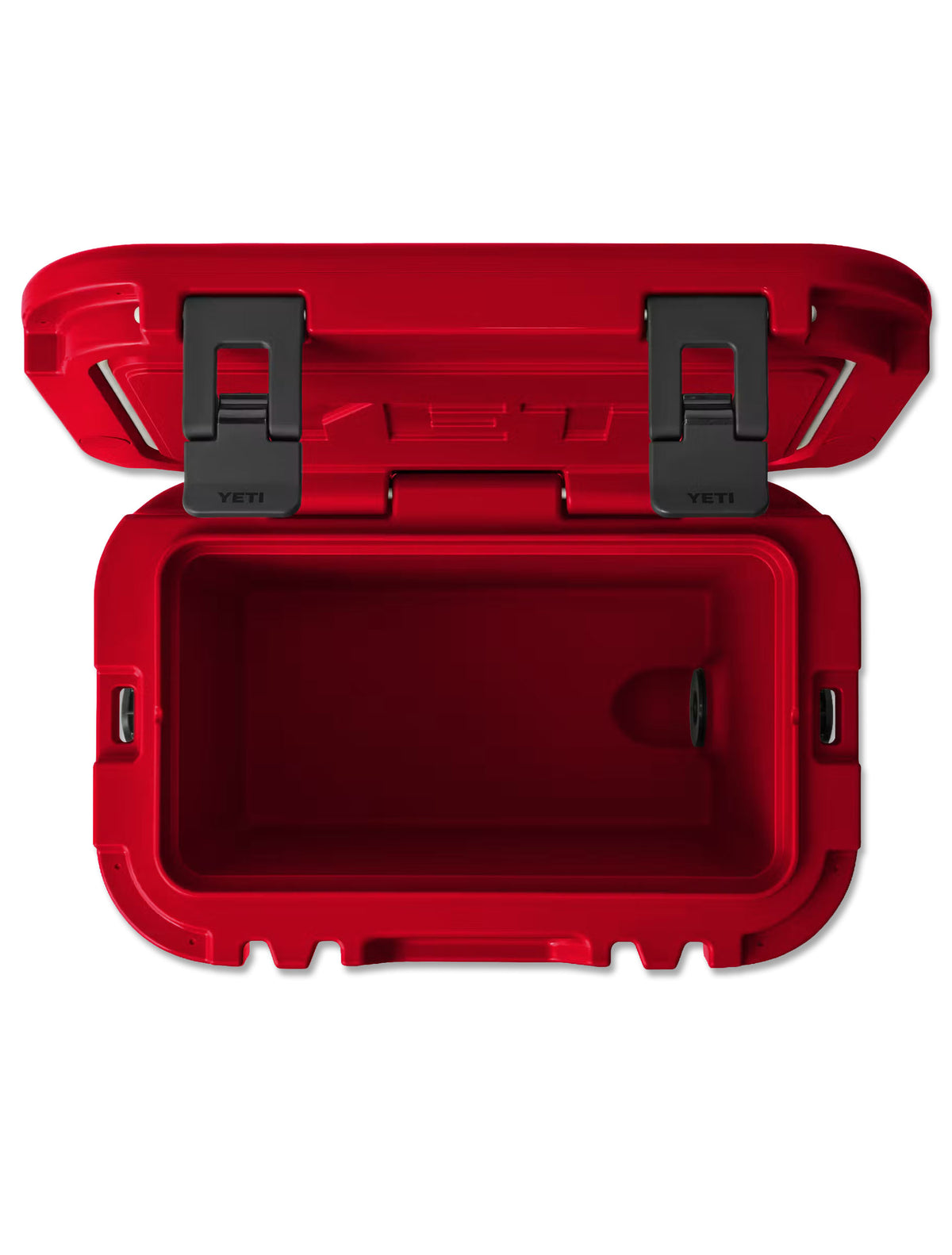 Top-down view into the open red Yeti Roadie 15 cooler