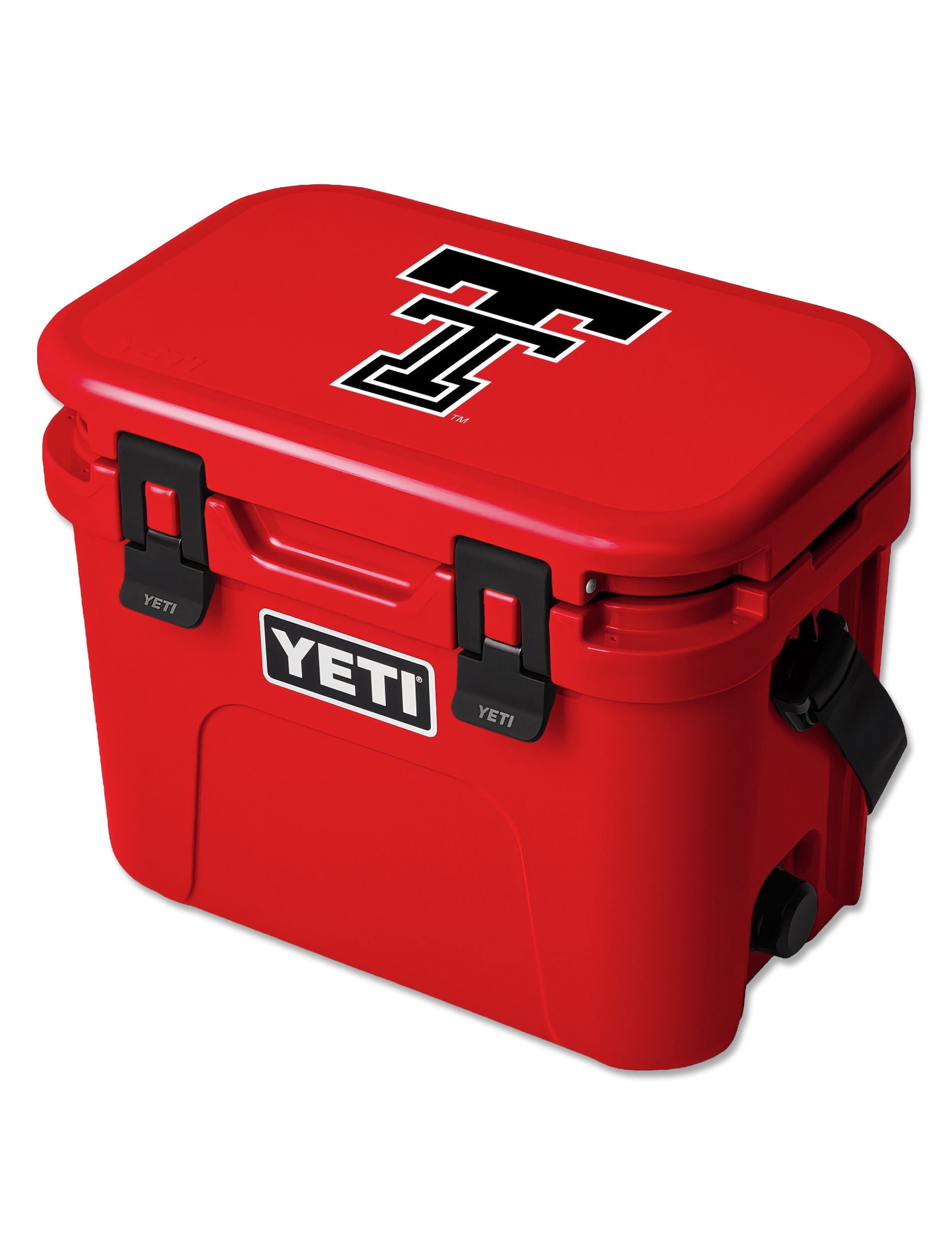 Red Yeti Roadie 15 hard cooler with a black throwback Double T on the lid