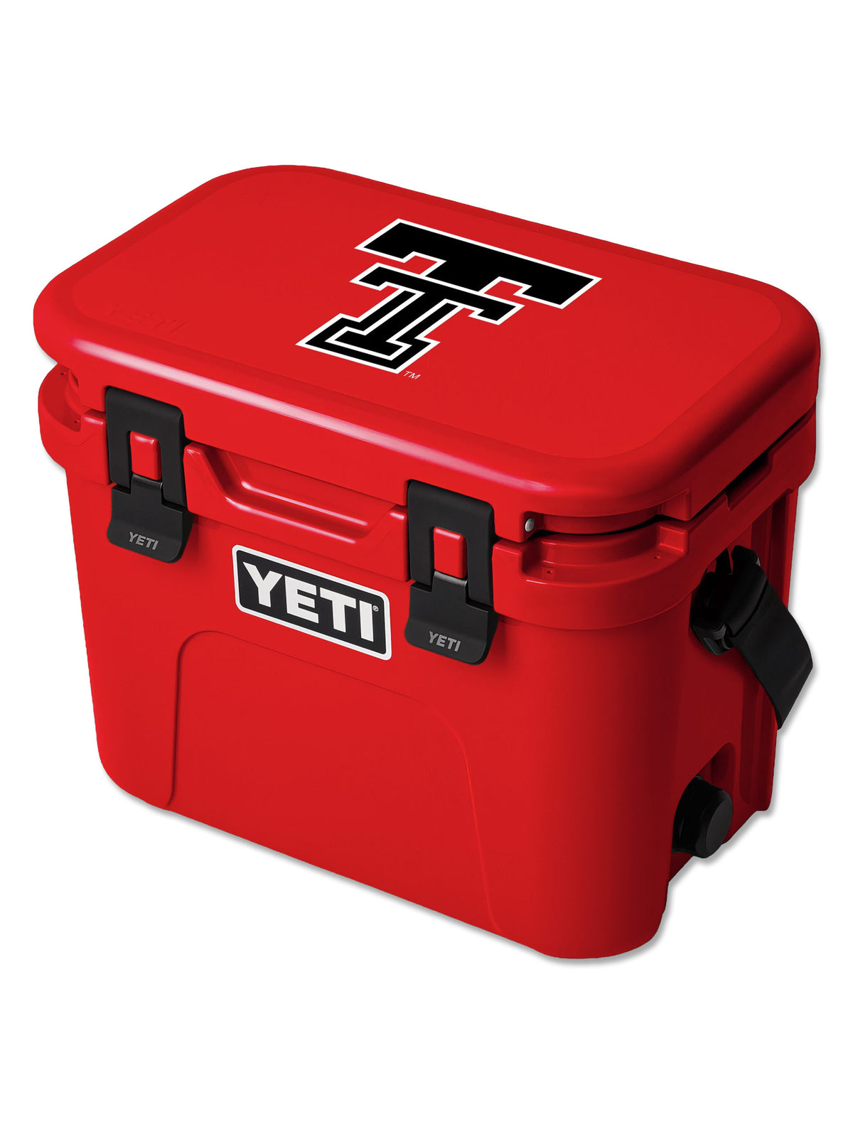 Red Yeti Roadie 15 hard cooler with a black throwback Double T on the lid