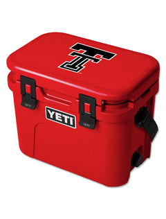 Red Yeti Roadie 15 hard cooler with a black throwback Double T on the lid