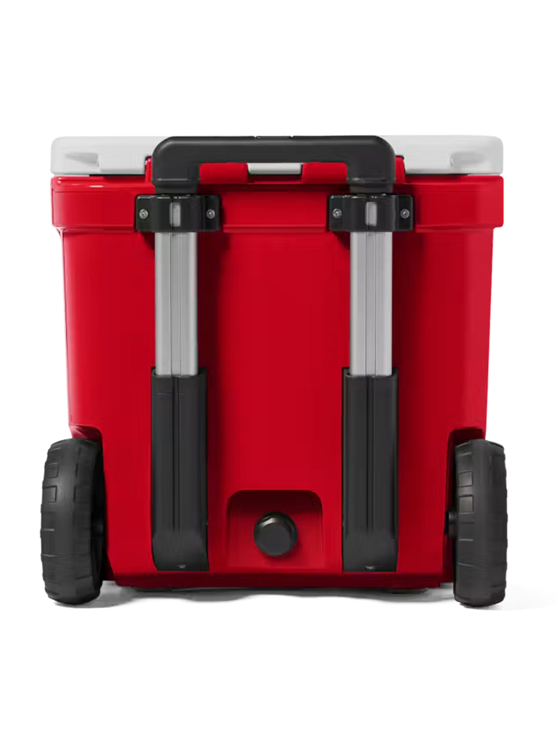 Back of the red Yeti Roadie 48 cooler with the telescoping handle and wheels