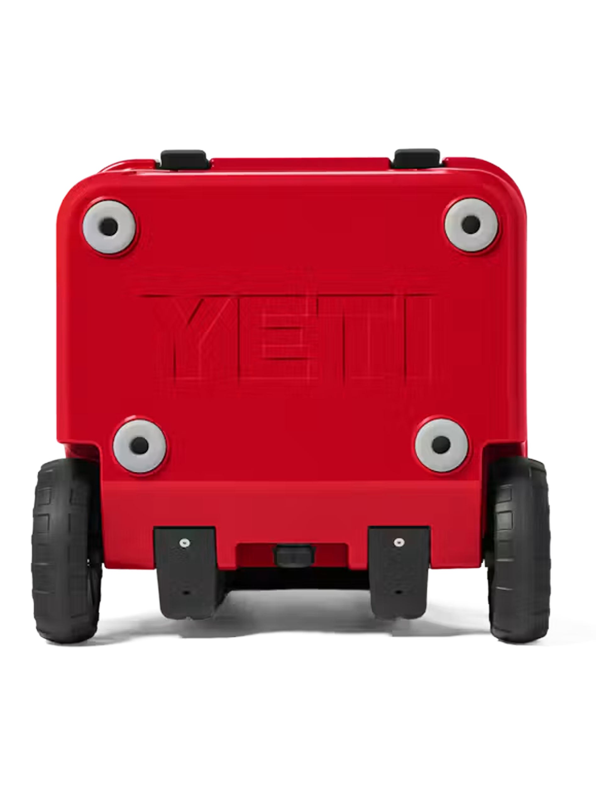 Bottom of the red Yeti Roadie 48 cooler with wheels and non-slip feet