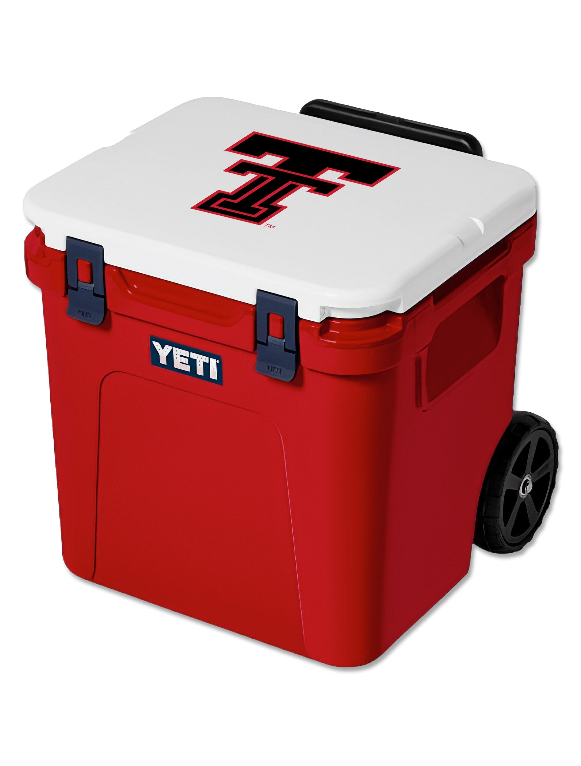 Red, white and navy Yeti Roadie 48 wheeled cooler with a black throwback Double T on the white lid