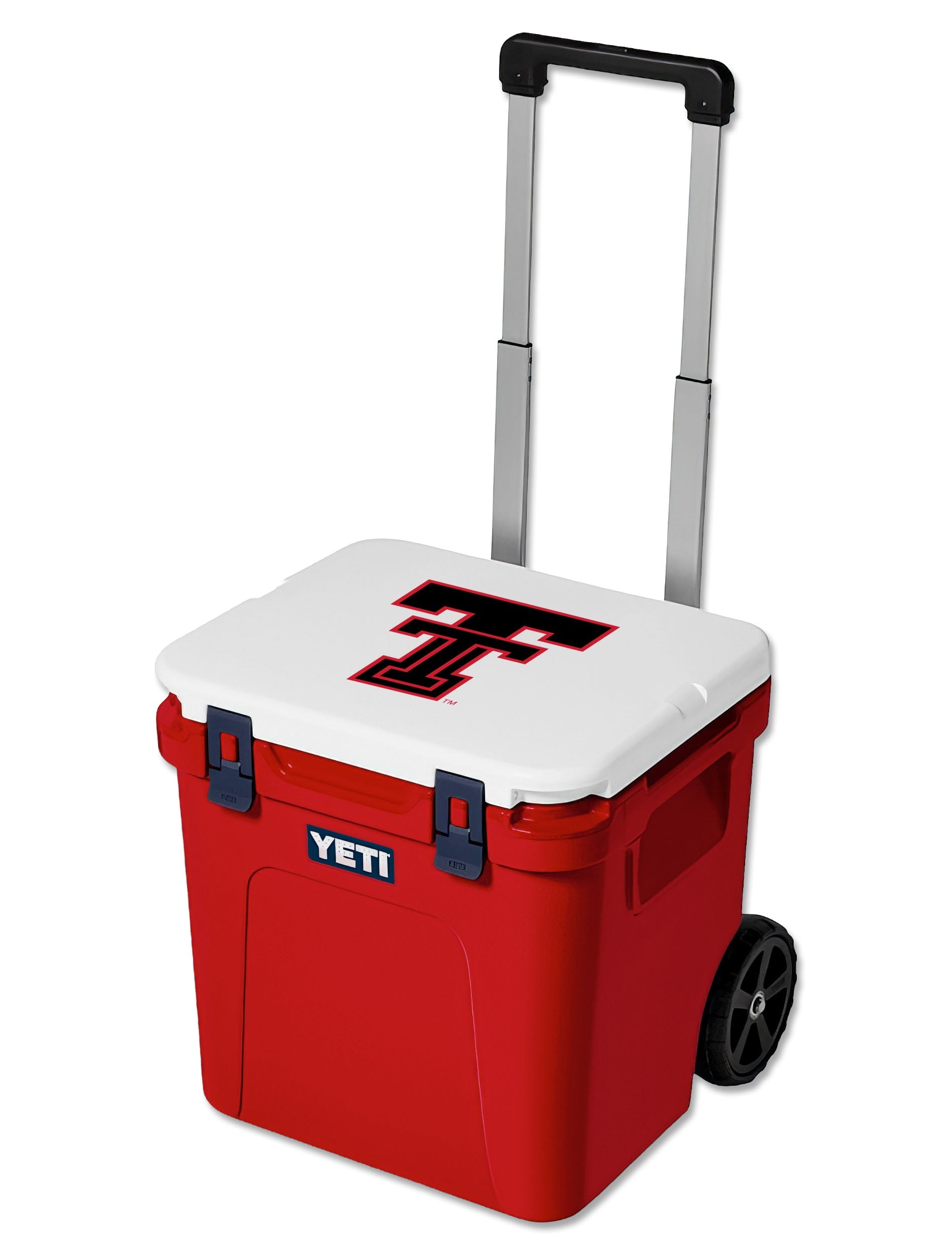 Yeti Roadie 48 wheeled cooler with the telescoping handle extended and the Double T lid