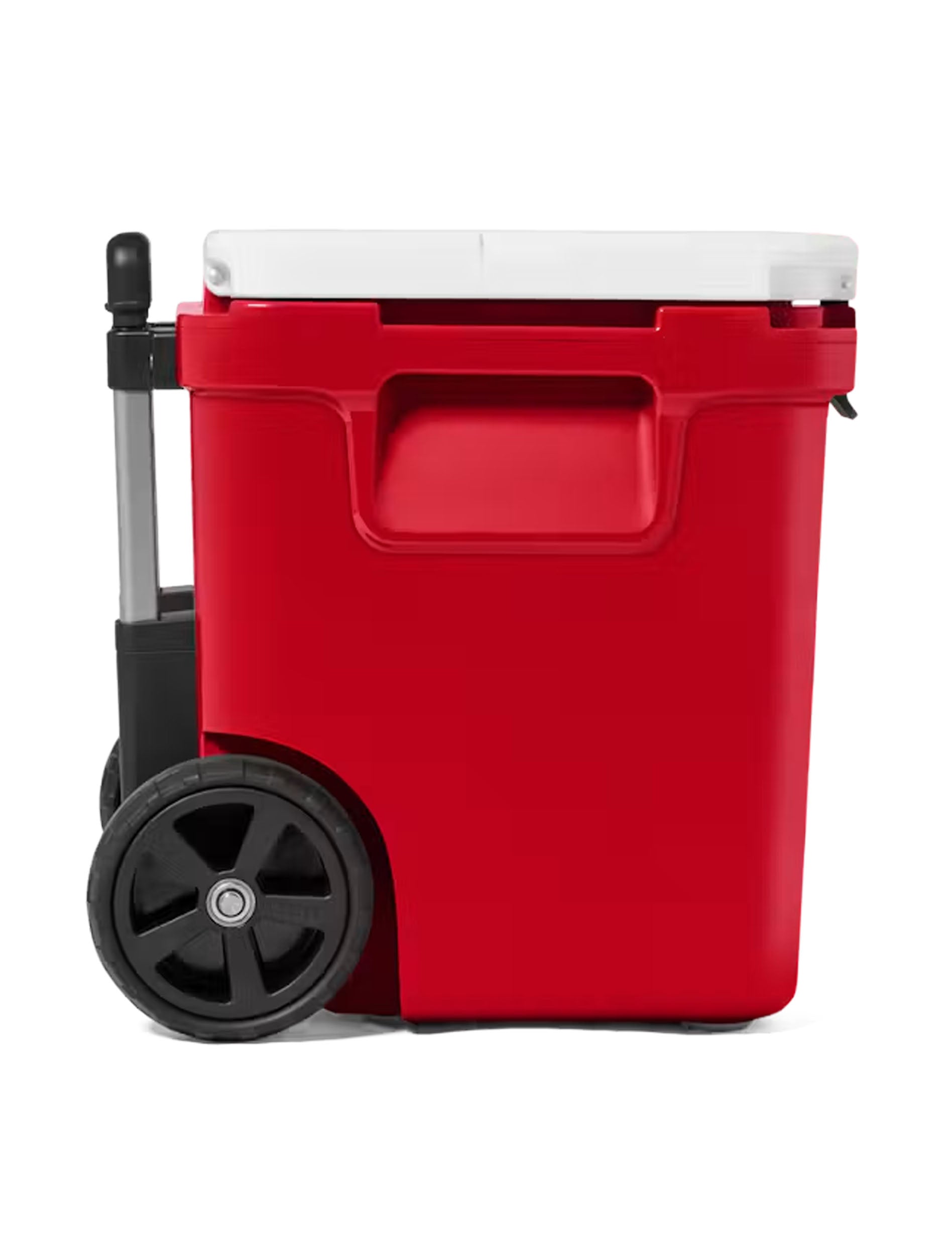 Side of the red Yeti Roadie 48 cooler with its handle and wheel
