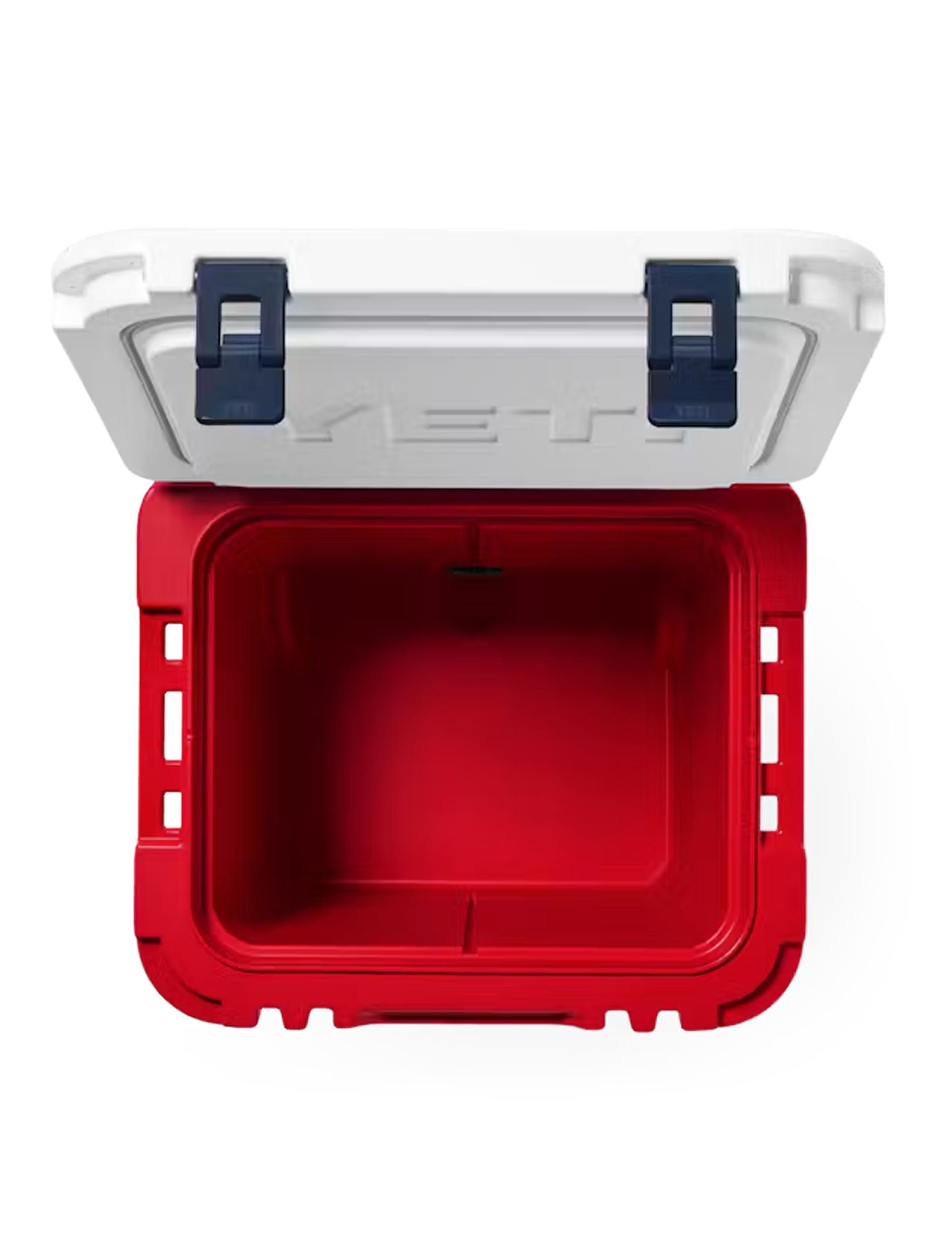 Red Yeti Roadie 48 cooler with the white lid open, showing the insulated interior