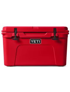 Front of the red Yeti Tundra 45 cooler with T-Rex lid latches