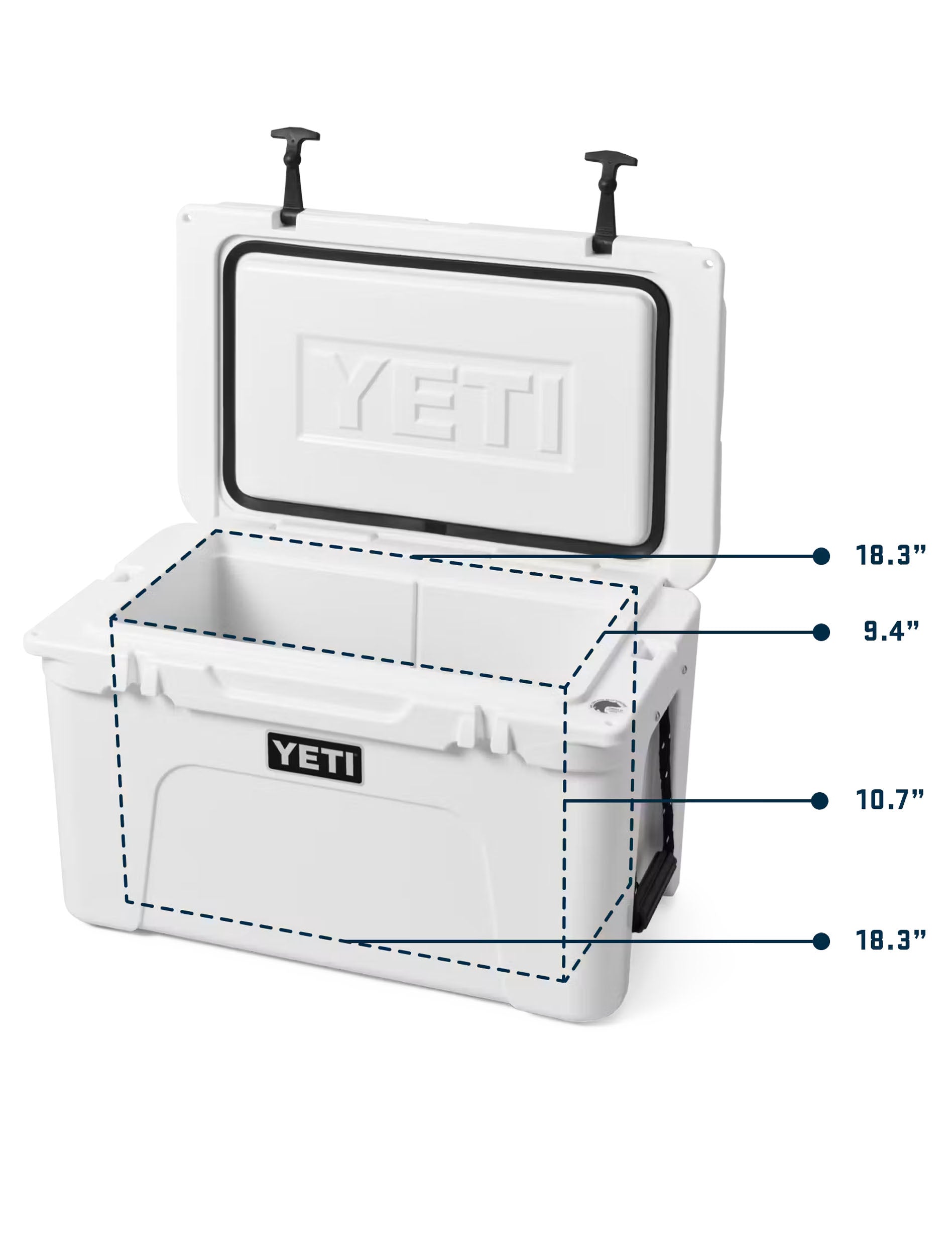 Yeti Tundra 45 interior dimensions diagram with the lid open