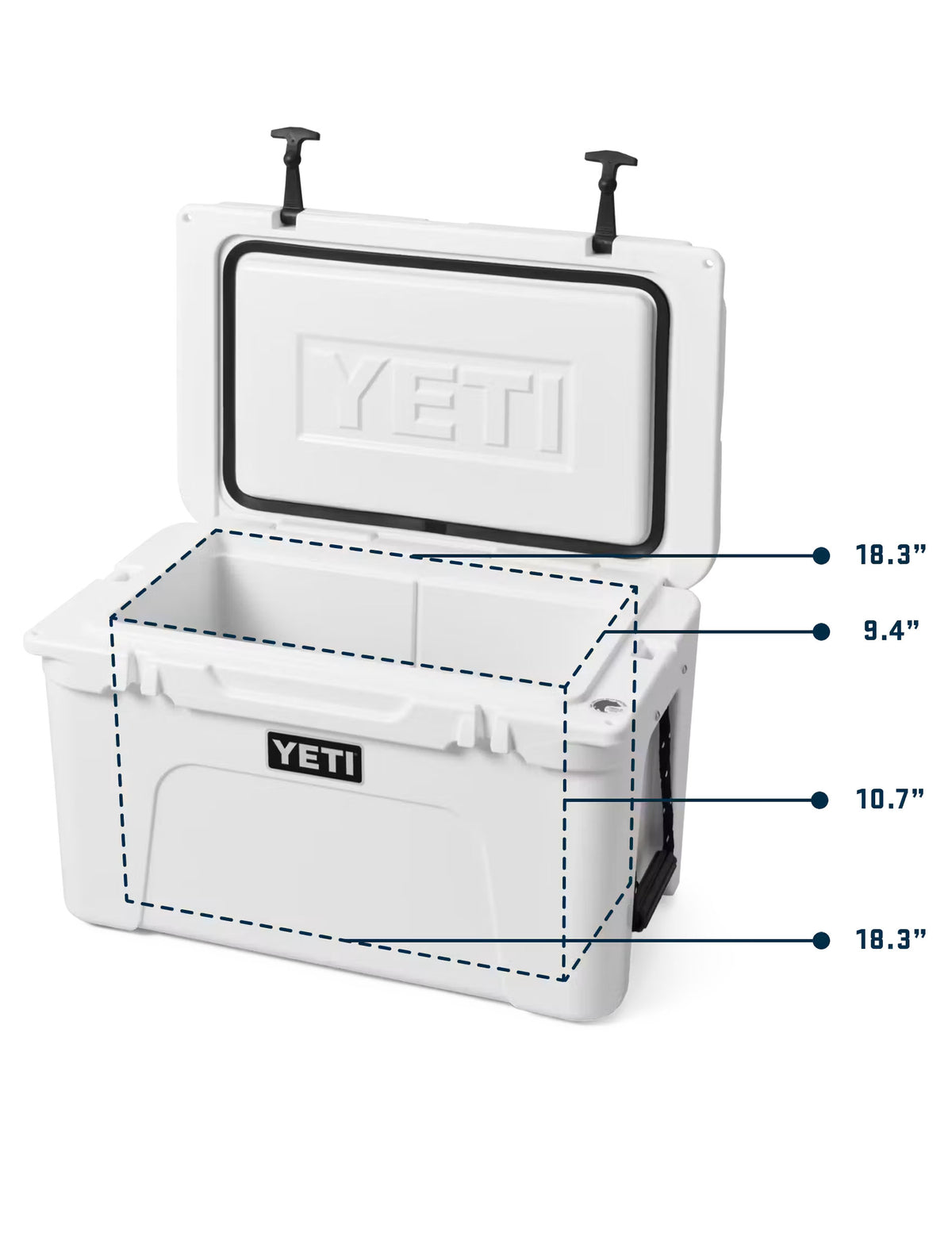 Yeti Tundra 45 interior dimensions diagram with the lid open