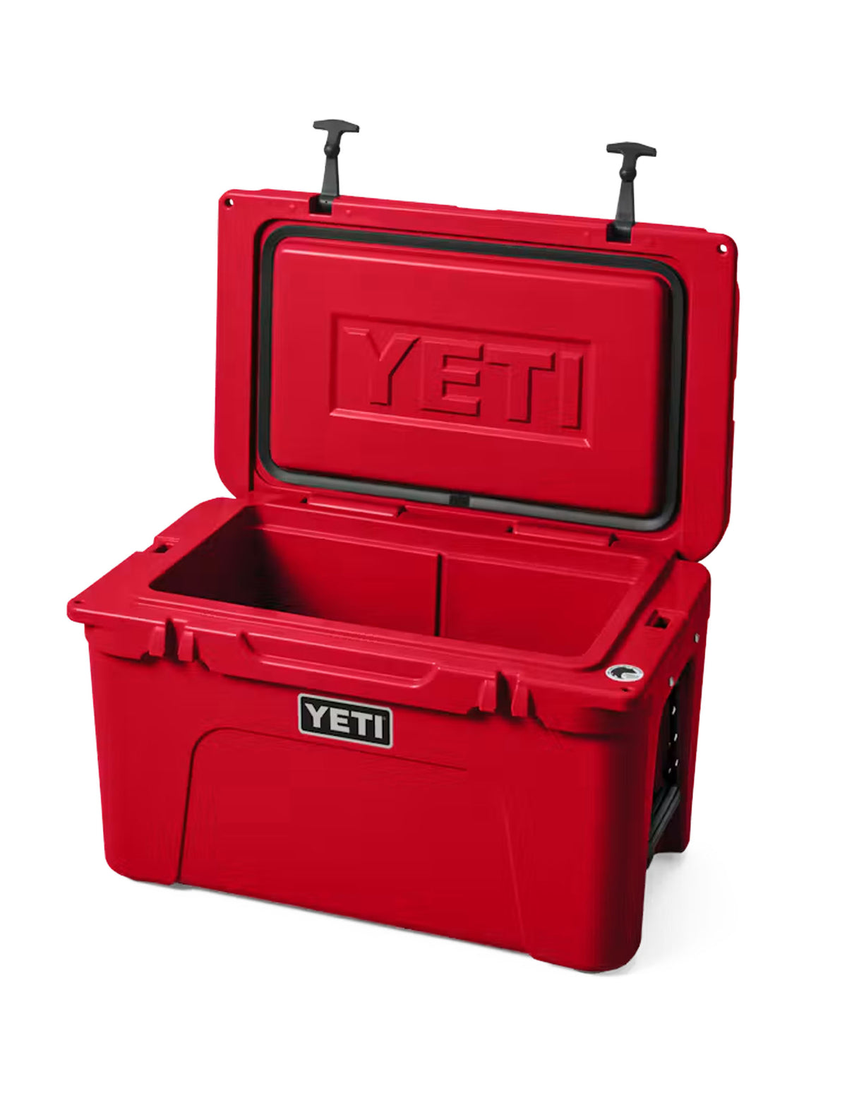 Red Yeti Tundra 45 cooler with the lid open, showing the insulated interior