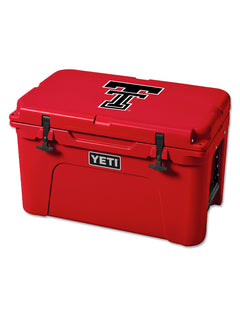Red Yeti Tundra 45 hard cooler with a black throwback Double T on the lid