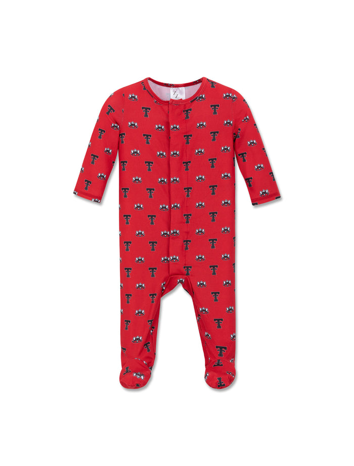Texas Tech red infant magnetic footies with allover throwback Double T and Raider Red print