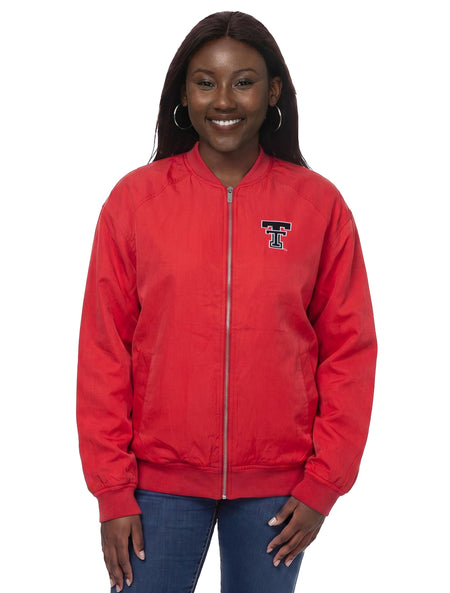 Model wearing the ZooZatz Texas Tech red utility jacket with Double T on the chest