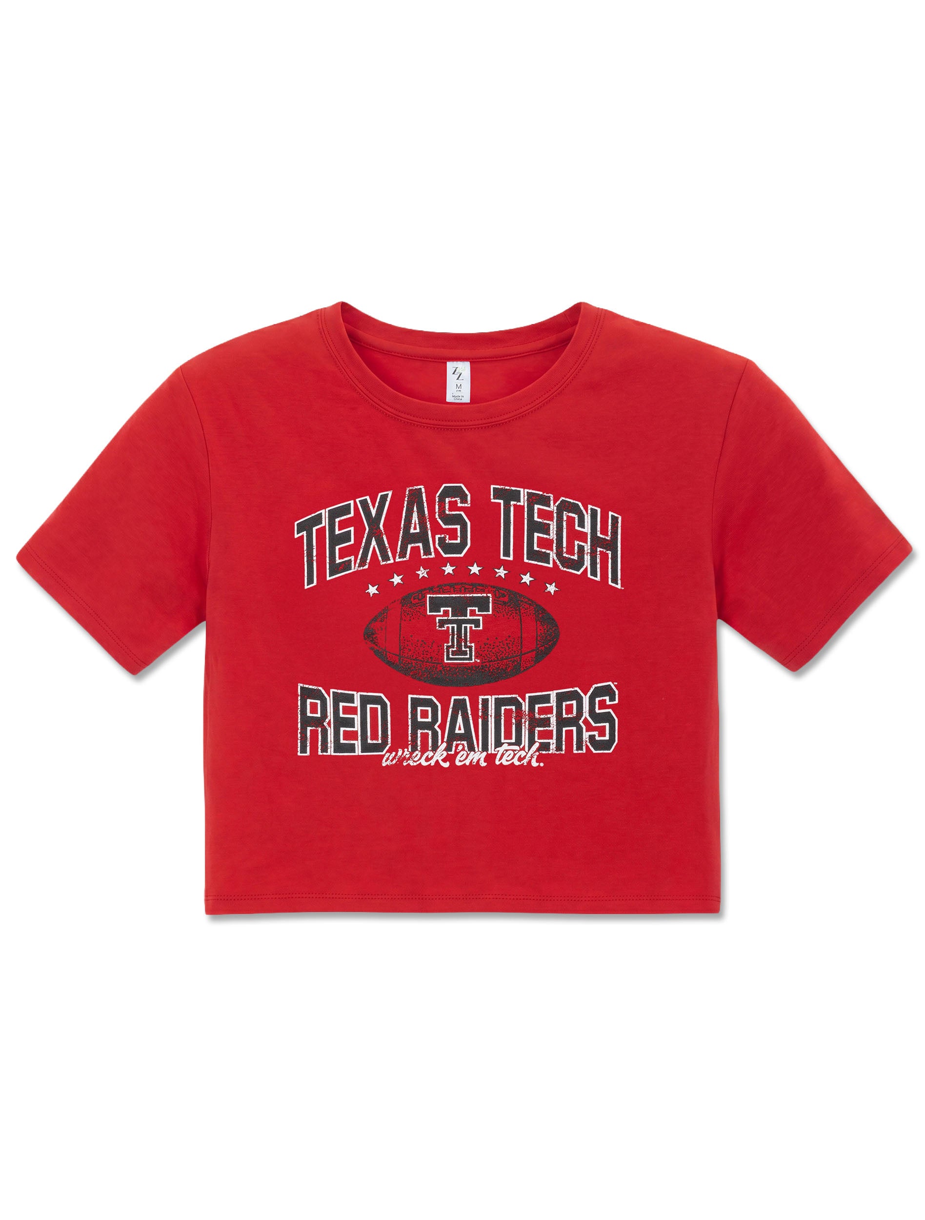 Red Texas Tech youth tee with TEXAS TECH arched above a distressed football carrying the Double T, RED RAIDERS below and wreck em tech in script