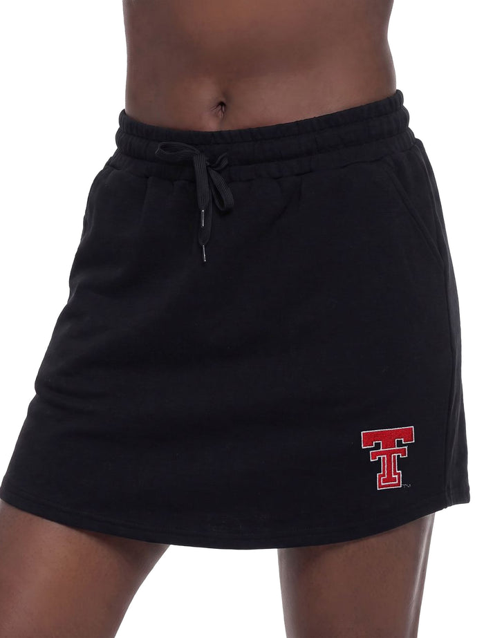 ZooZatz Texas Tech black knit skirt with a drawstring waist and a red Double T embroidered near the hem, worn on model