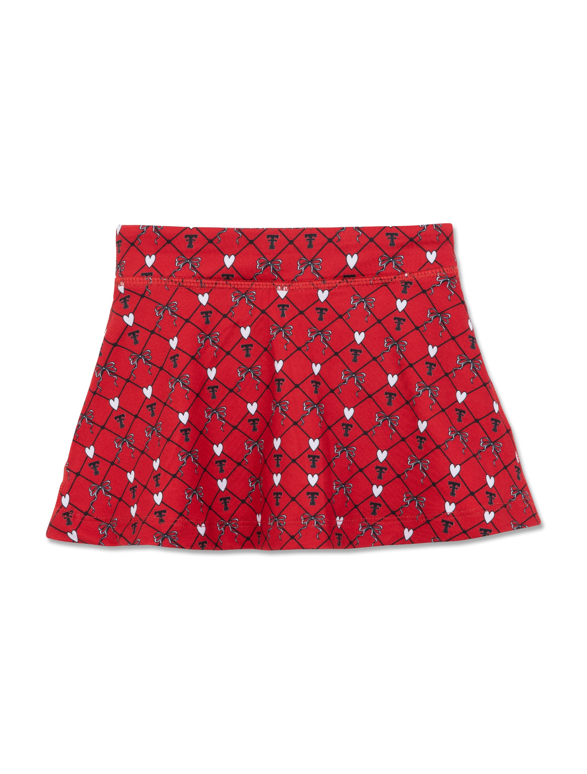 Red ZooZatz Texas Tech toddler flowy skort with a black diagonal lattice print filled with Double Ts, white hearts and black and white bows