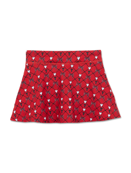 Red ZooZatz Texas Tech toddler flowy skort with a black diagonal lattice print filled with Double Ts, white hearts and black and white bows
