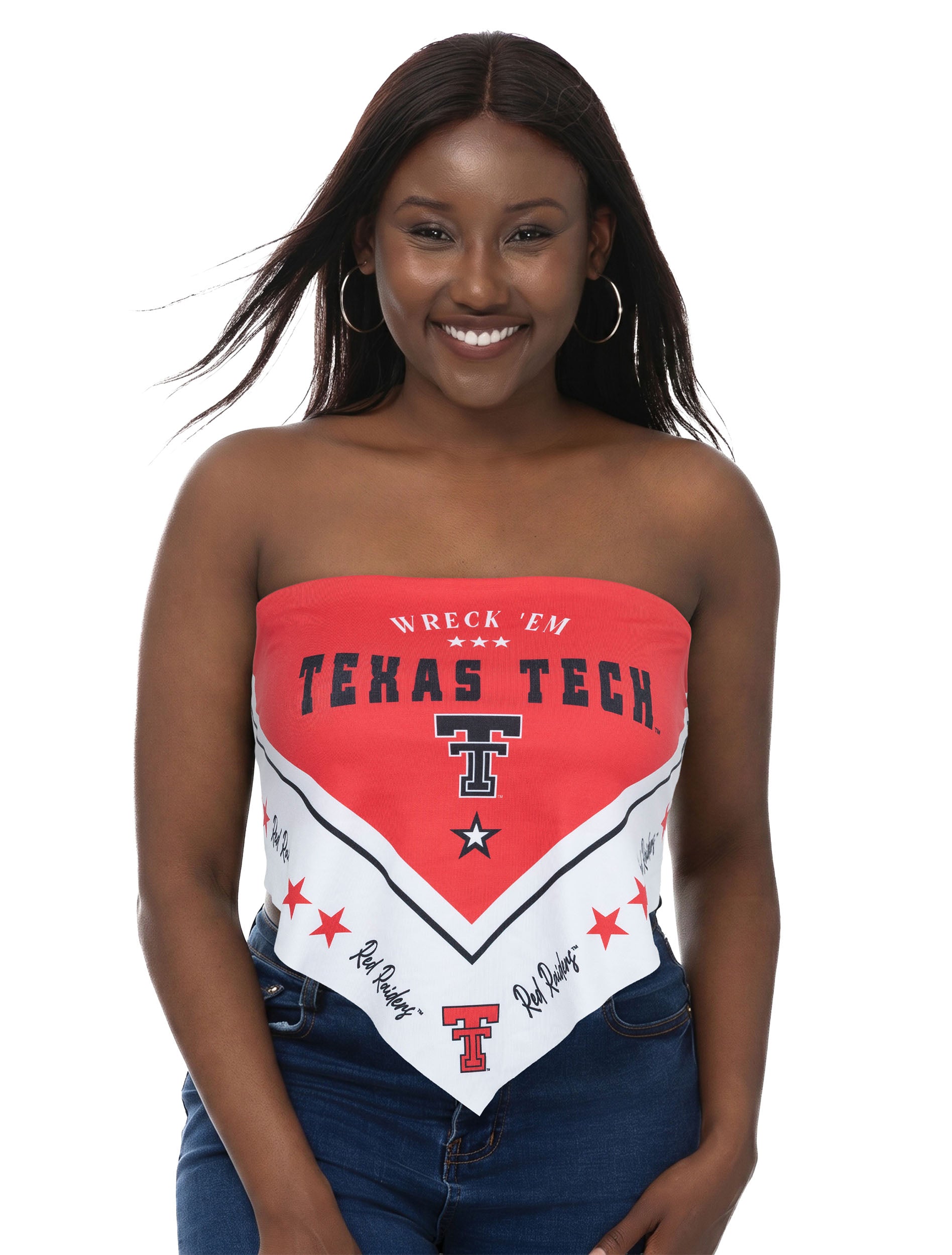 Model wearing the red ZooZatz Texas Tech bandana print bandeau top with Wreck Em, a Double T and Red Raiders script around the border