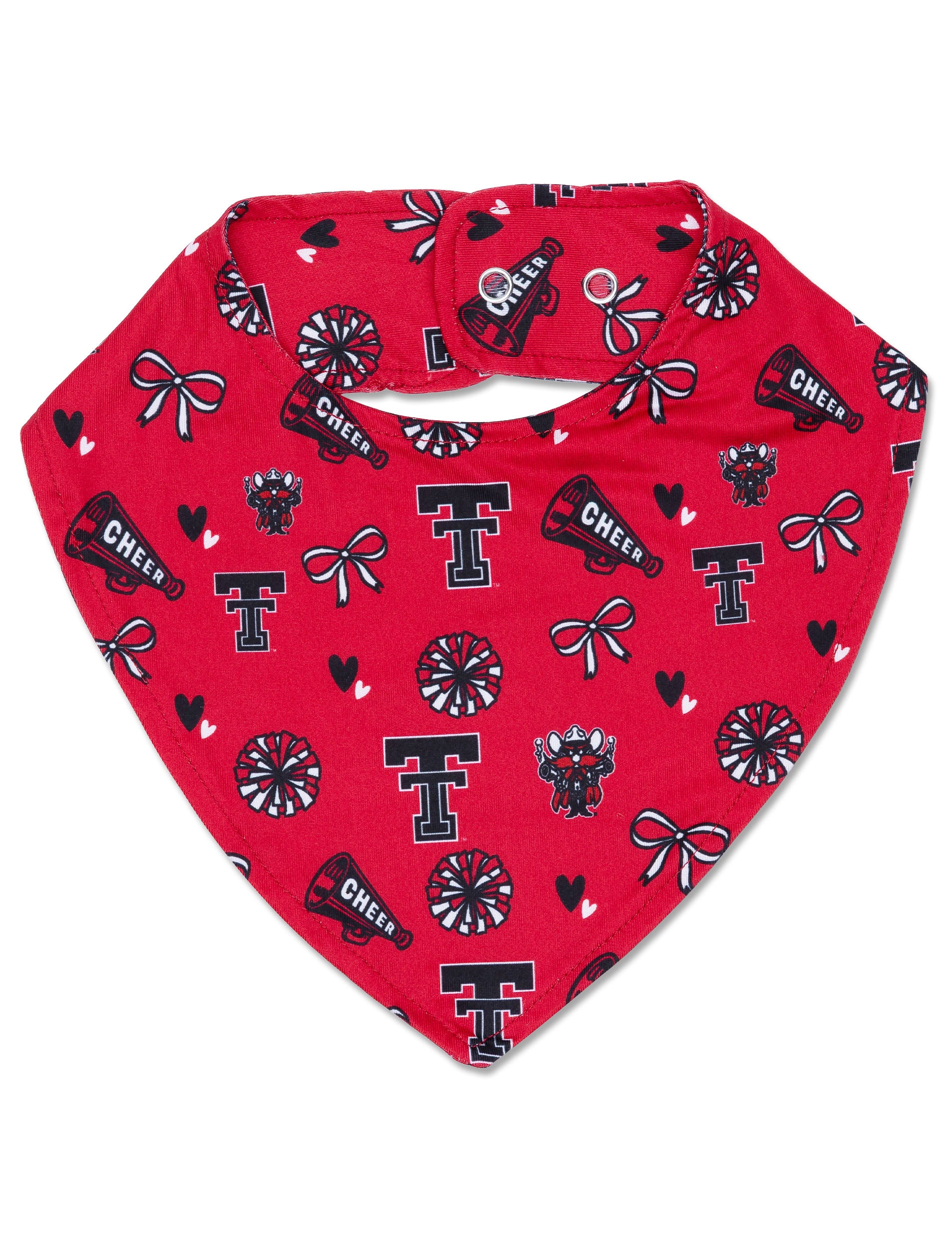 Red Texas Tech triangle infant bib with an allover print of Double T logos, Raider Red, CHEER megaphones, pom poms, bows and hearts
