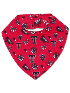 Red Texas Tech triangle infant bib with an allover print of Double T logos, Raider Red, CHEER megaphones, pom poms, bows and hearts