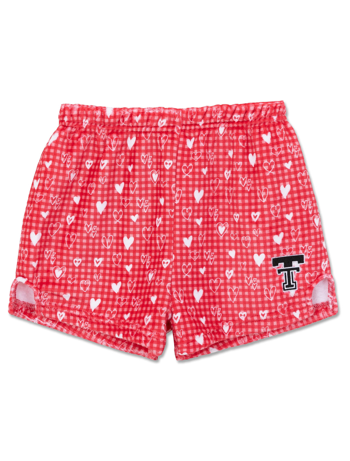Texas Tech youth plush shorts in red gingham with white hearts and a Double T on the leg