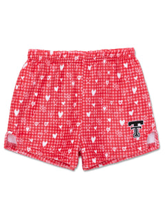 Texas Tech youth plush shorts in red gingham with white hearts and a Double T on the leg