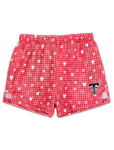 Texas Tech youth plush shorts in red gingham with white hearts and a Double T on the leg
