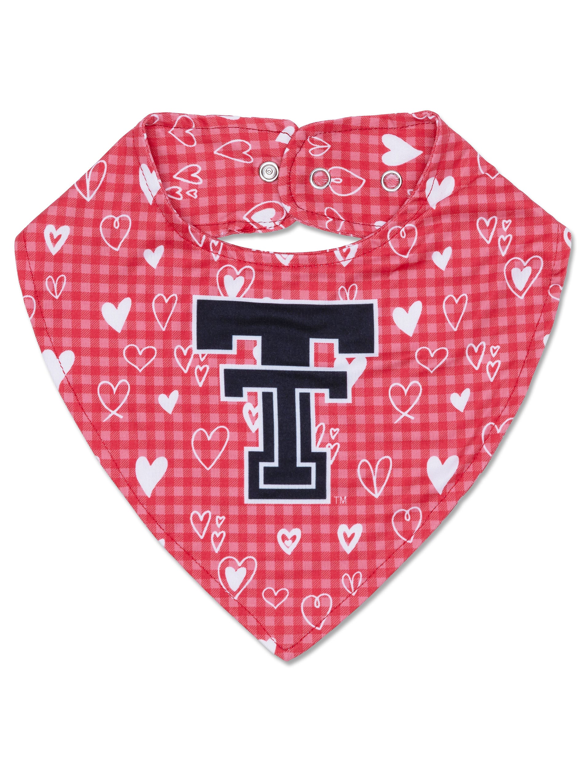Red gingham Texas Tech triangle infant bib with white hearts and a black and white throwback Double T at the center