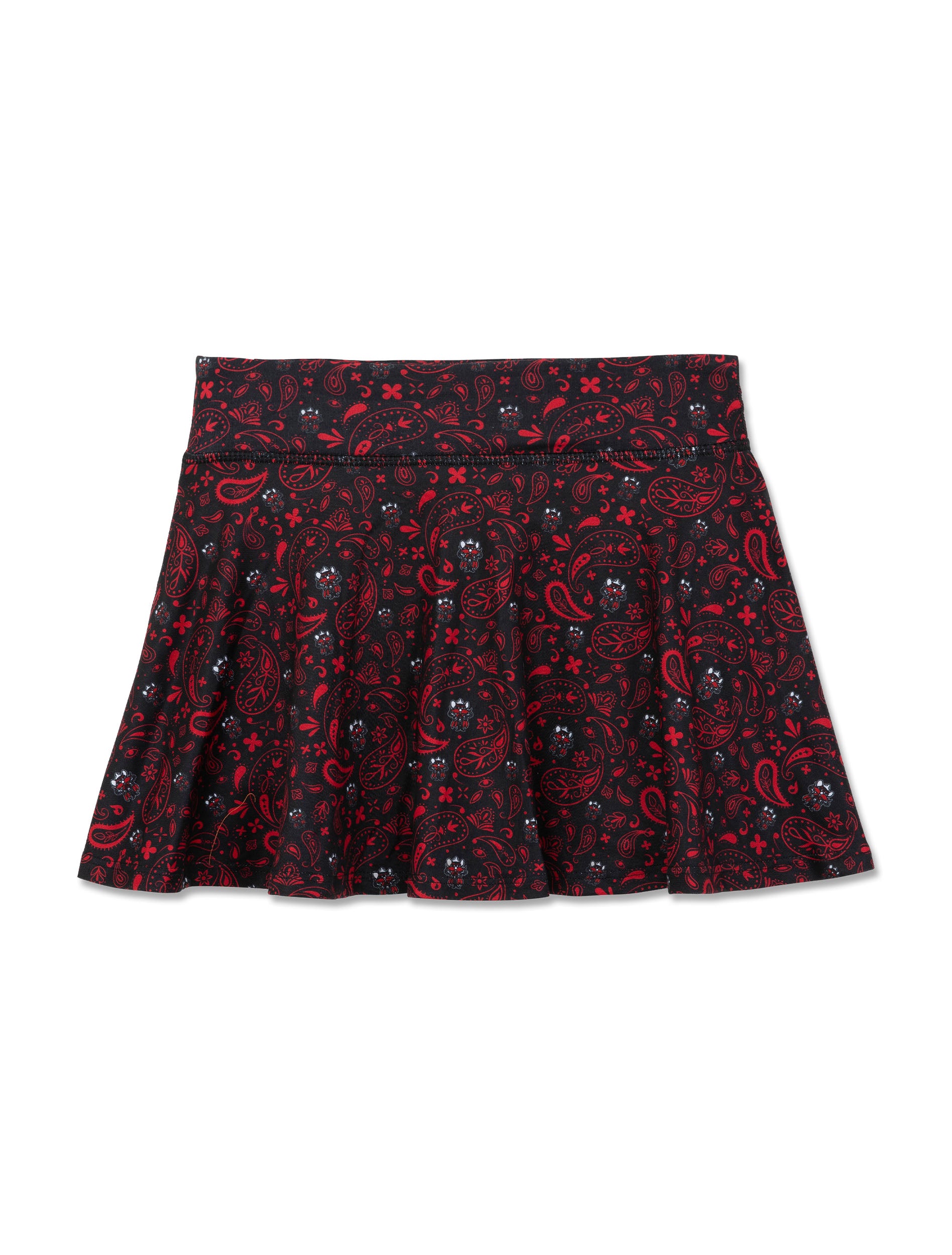 Black ZooZatz Texas Tech youth flow skort with an allover red and white bandana paisley print and small Raider Red faces in the pattern