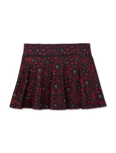Black ZooZatz Texas Tech youth flow skort with an allover red and white bandana paisley print and small Raider Red faces in the pattern
