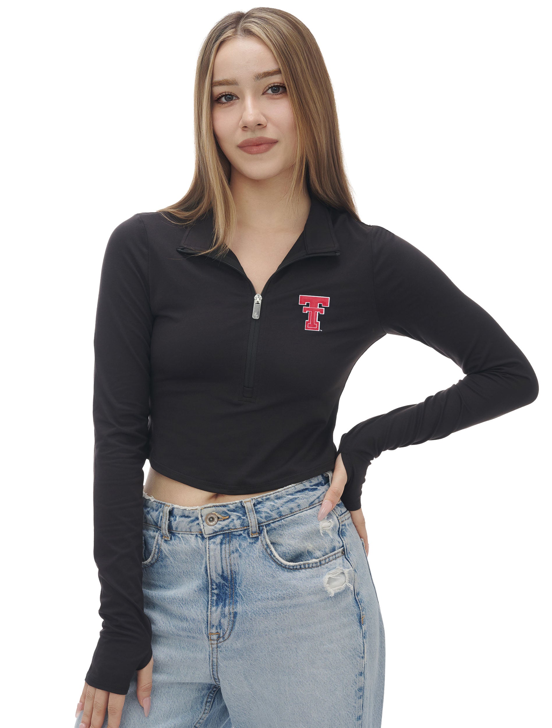 ZooZatz Texas Tech black cropped quarter zip with thumbholes and the Double T at the left chest, worn on model