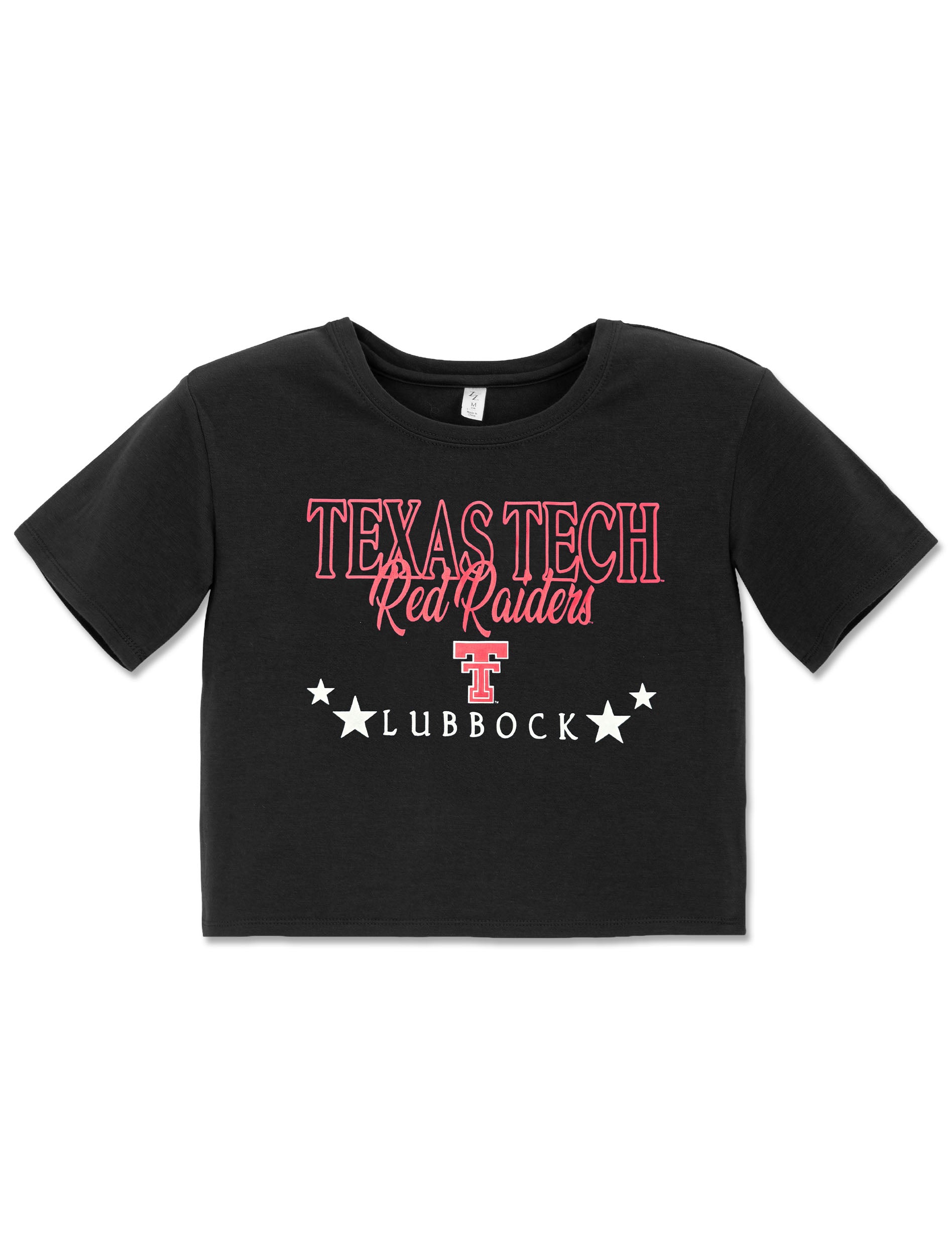 Black Texas Tech youth tee with TEXAS TECH in outlined block letters, Red Raiders in script, a Double T and LUBBOCK framed by white stars