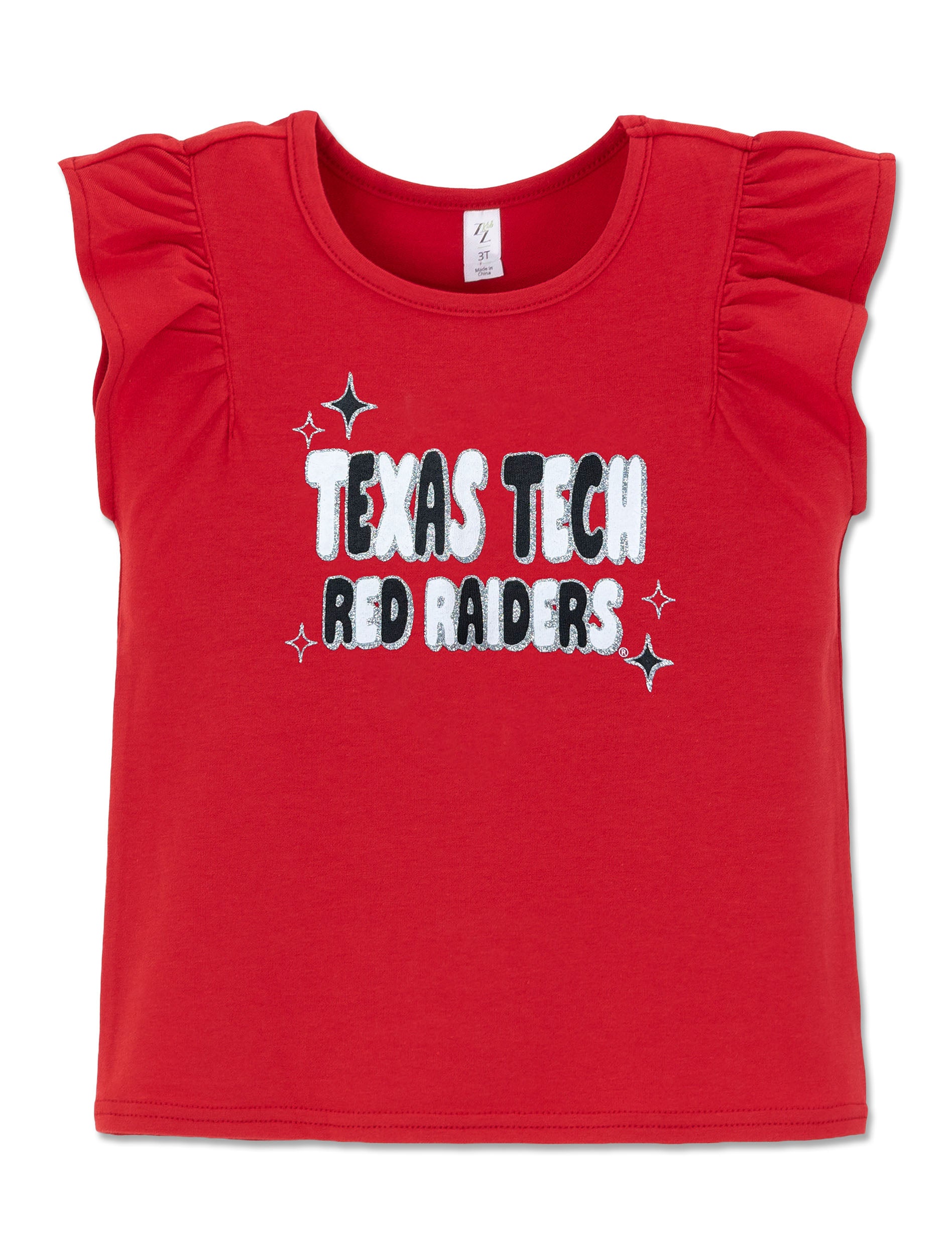Red Texas Tech toddler flutter sleeve top with TEXAS TECH RED RAIDERS in black and white lettering framed by sparkle stars