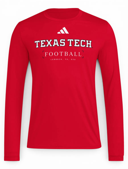 Red Adidas Texas Tech long sleeve tee with TEXAS TECH in white above FOOTBALL in brackets and LUBBOCK, TX, USA
