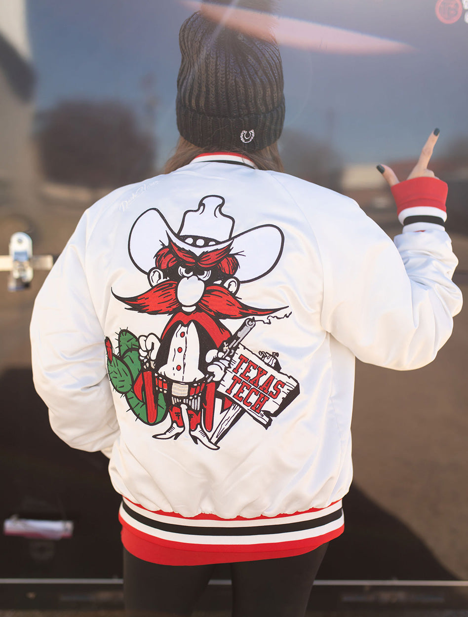 YOUTH Texas Tech Dark Horse "Cactus Raider Red" White Varsity Jacket